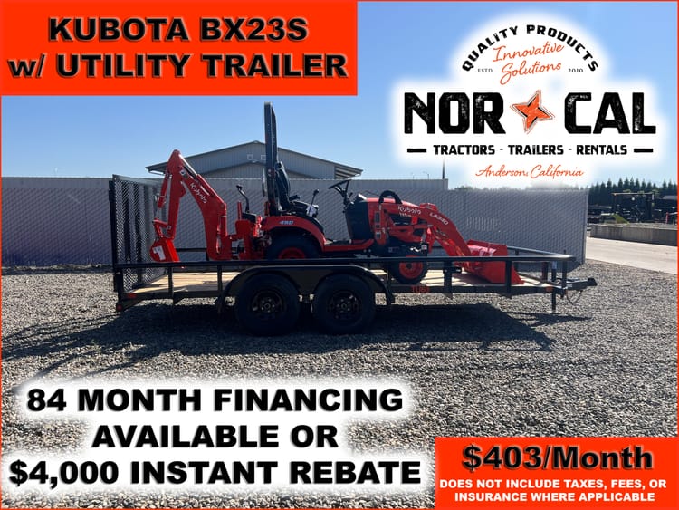 Kubota BX23S Tractor + 16′ Utility Trailer Package Deal